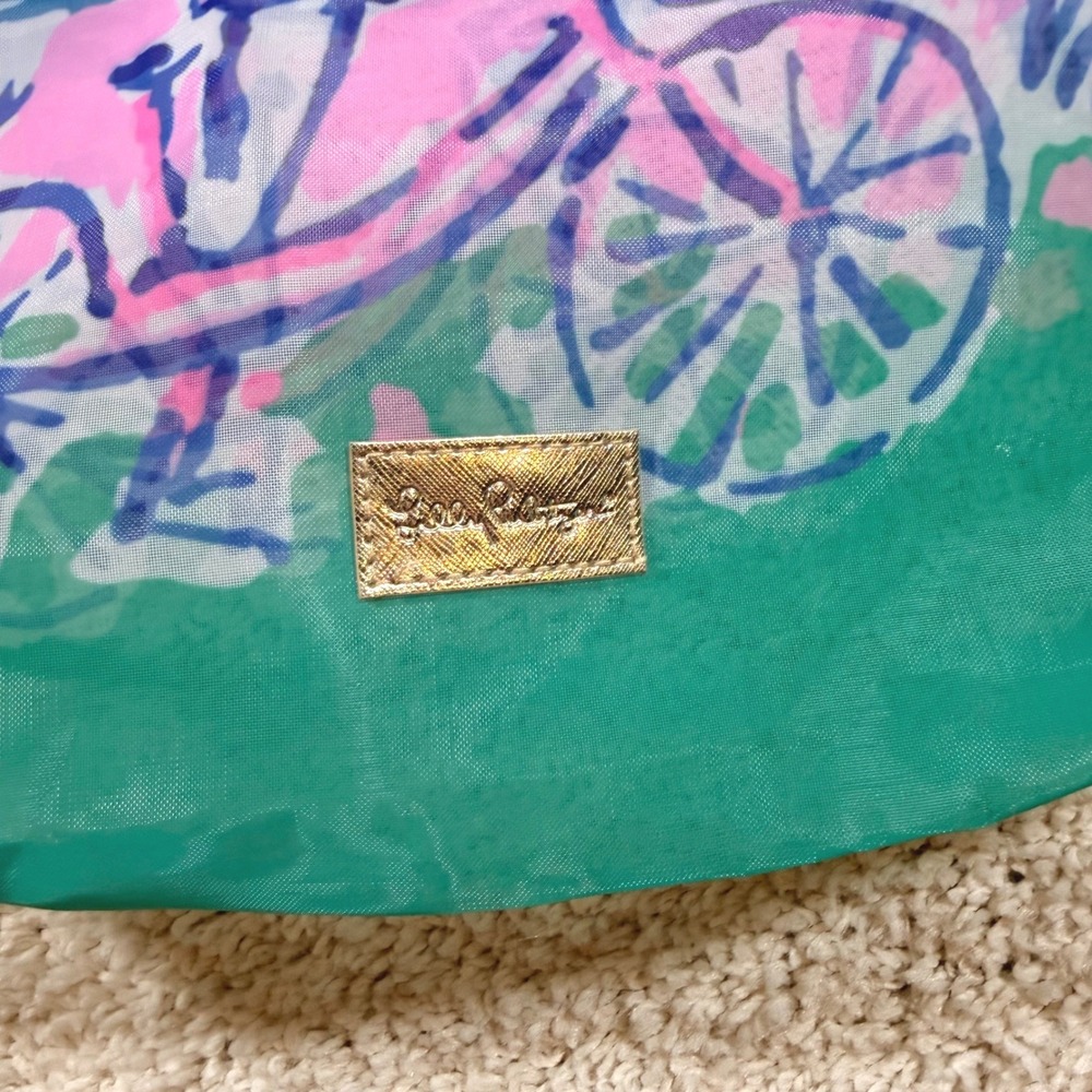 Lilly Pulitzer Mesh Beach Tote Bag Blue Pink Let's Go Somewhere Bicycle Preppy - Picture 5 of 8